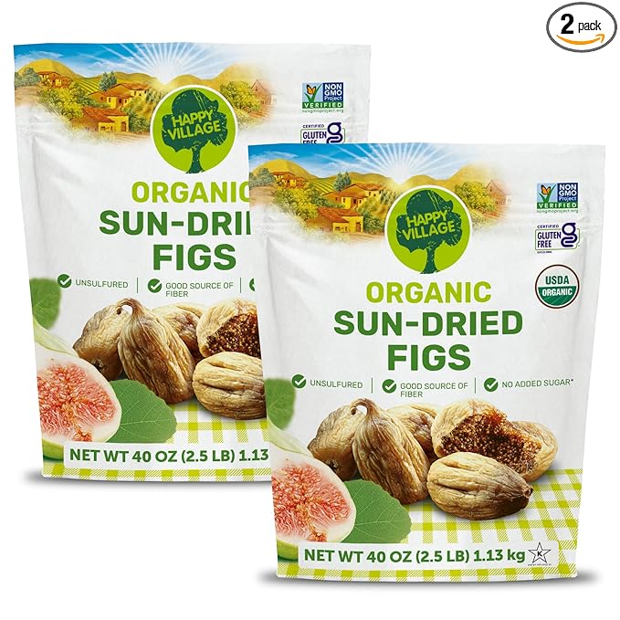 Happy Village Organic Turkish Dried Figs, No Sugar Added Dried Fruit, 80 OZ (2 Packs of 40 OZ) Resealable Pack - Kosher, Non-GMO, Unsweetened, Unsulfured, Vegan, Sun-Dried Organic Figs