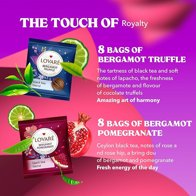 LOVARE Bergamot Assorted Tea Variety Pack 32 Pack, 4 Tastes - Made in Ukraine - Black Tea Bags Individually Wrapped - Assorted Tea Bags Variety Pack with Vanilla, Truffle, Mango, Pomegranate Flavors