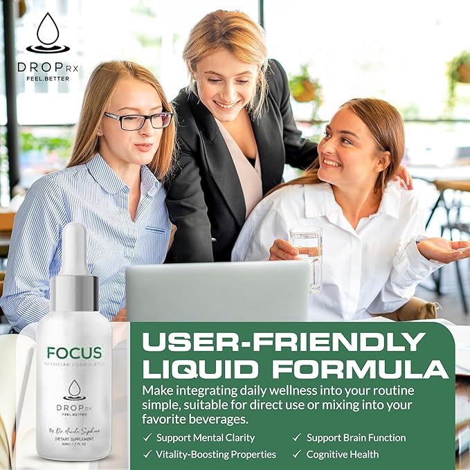 DropRx Focus by Dr. Nicole Saphier – Ginkgo Biloba & Ginseng, Bacopa, Rosemary & Sage for Memory Improvement and Brain Focus – Organic, Non-GMO, Vegan, Gluten-Free, Kosher, Made in USA (2 Fl Oz)