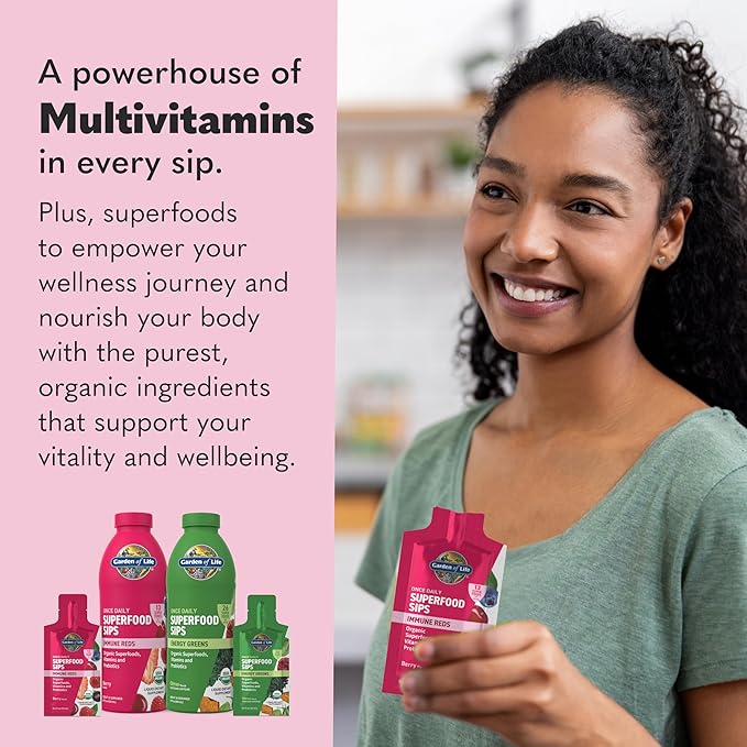 Garden of Life Superfoods Sips, 12 Single Serve Pouches, Vitamins, Probiotics, 13 Organic Superfoods, Functional Mushrooms, Immune Reds, Once Daily, Organic, Vegan, Preservative-Free, Berry Flavor