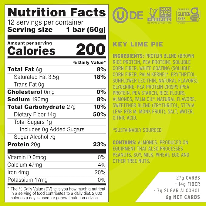 No Cow High Protein Bars, Dipped Key Lime Pie - Healthy Snacks, 20g Vegan Protein, High Fiber, Low Sugar, Keto Friendly, Dairy & Gluten Free (12 Count)