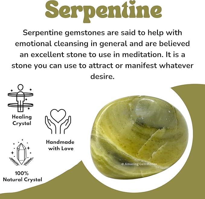 Amazing Gemstone Serpentine Crystals and Healing Stones Tumbled - 1oz Serpentine Stone Gem Stones,Natural Healing Stones for Energy Balance,Stress Relief - Premium Polished Gems Rocks for Meditation