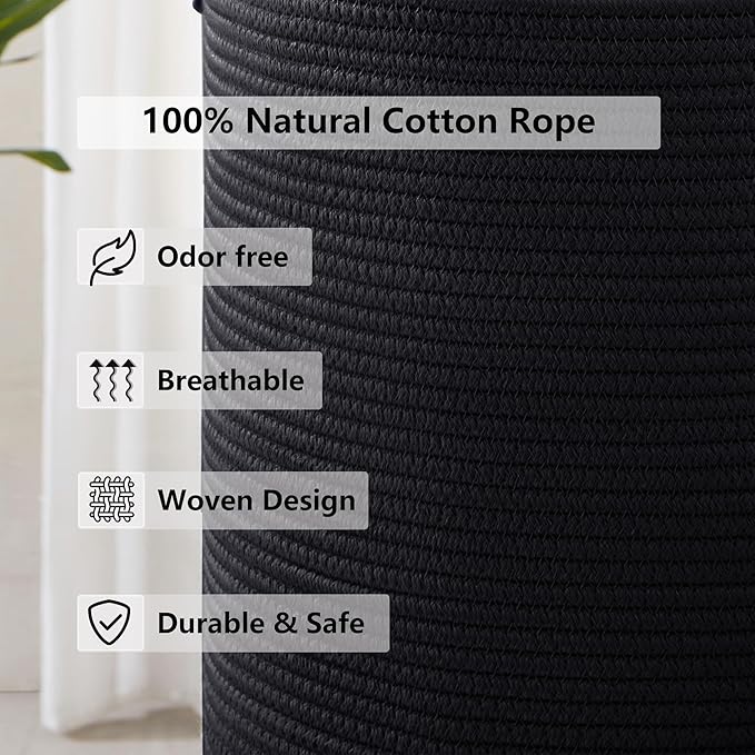 62L Black Woven Rope Hamper Laundry Basket for Clothes Tall Modern Blanket Storage Basket in Living Room Bedroom