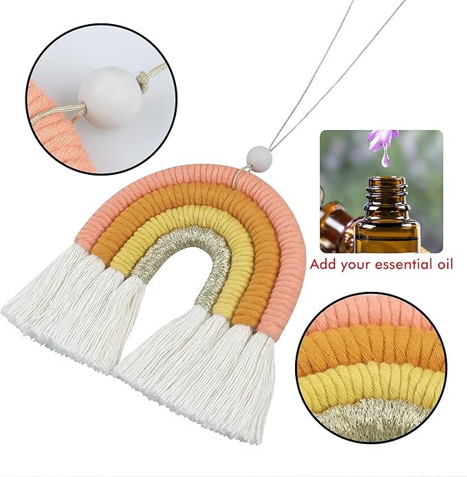 BOHO GARDEN Macrame Bohemian Rainbow Charm - Essential Oil Diffuser for Cars, Baby Nursery, Children’s Bedroom & Home Decor- Colorful Decorative Hanging Air Freshener & Accessories - 3.5x4 - Blossom