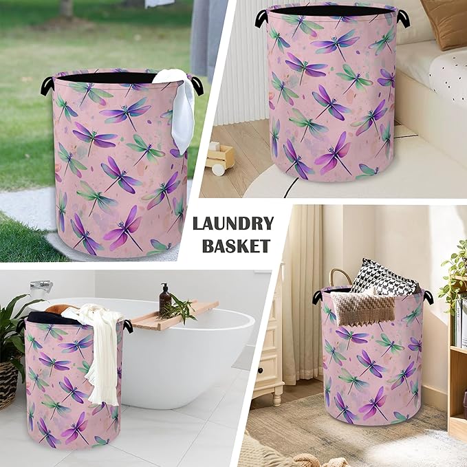 Colorful Dragonfly Laundry Basket,Foldable with Handles Tote Bag Oxford Cloth for Bathroom Bedroom Dirty Clothes Storage Bucket 16" x 20.8"