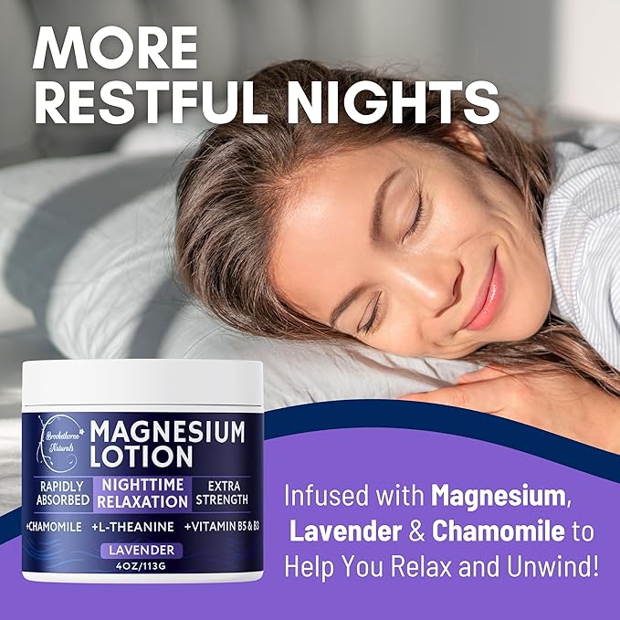 Brookethorne Naturals Nighttime Magnesium Lotion for Sleep | Lavender Magnesium Cream with L-Theanine & Chamomile | Topical Cream for Relaxation Adults & Kids | Non-Greasy, Vegan, Made in USA | 4oz