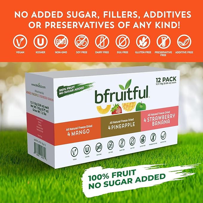 bfruitful Freeze-Dried Mangos, Strawberry Bananas, Pineapples Variety Pack, Freeze Dried Fresh Fruit Bites, Gluten Free, Vegan, Dairy Free, Kosher, No Sugar Added, Non GMO, Healthy Snacks for Kids or Adults, 0.56 oz Single-Serve Snack Packets, 12 Pack