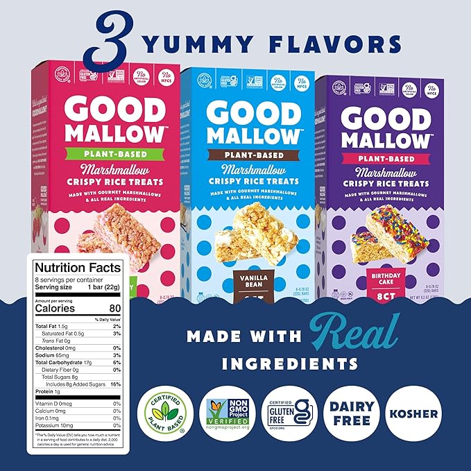 GoodMallow Vegan Rice Crispy Treats Individually Wrapped Box of 8, Kosher Vegan Snacks, Gluten Free Dairy Free Snacks for Kids & Adults - Healthy Sweets Made with Gourmet Marshmallows (Vanilla Bean)