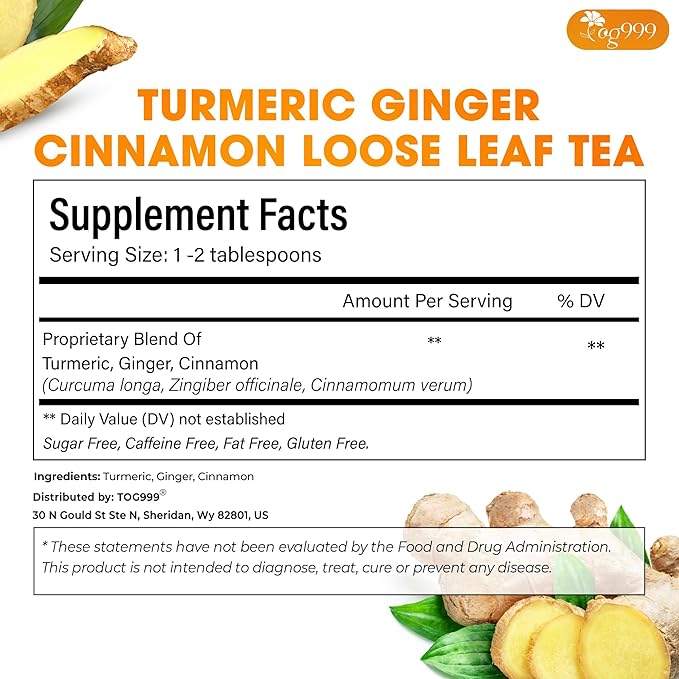TOG999, Premium 20oz/330 cups Ginger Turmeric Cinnamon Loose Leaf Herbal Tea. Improve Digestion, Support Brain, Weight, Skin and Sleep. Premium Quality Spiced Blend. No Sugar, No Caffeine, No Gluten, Vegan.