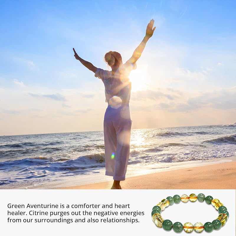Citrine, Green Aventurine Bracelet – Healing Crystal Bracelet for Women and Men – 8mm Round Beaded Bracelet for Good Luck, Wealth, Abundance – Elastic Adjustable Size Gemstone Bead Bracelet