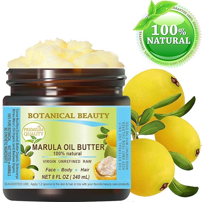 Botanical Beauty MARULA OIL BUTTER RAW VIRGIN UNREFINED for Face, Body, Hair, Lip, Nails, Dry Skin, Cracked Hands, Rosacea, Eczema, Rashes, Itchiness, Redness, Anti-Aging (8 Fl Oz)