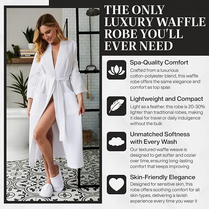 Lotus Linen Waffle Robes for Women - Lightweight Cotton Kimono Bathrobe - Long Soft Spa Bath Robe
