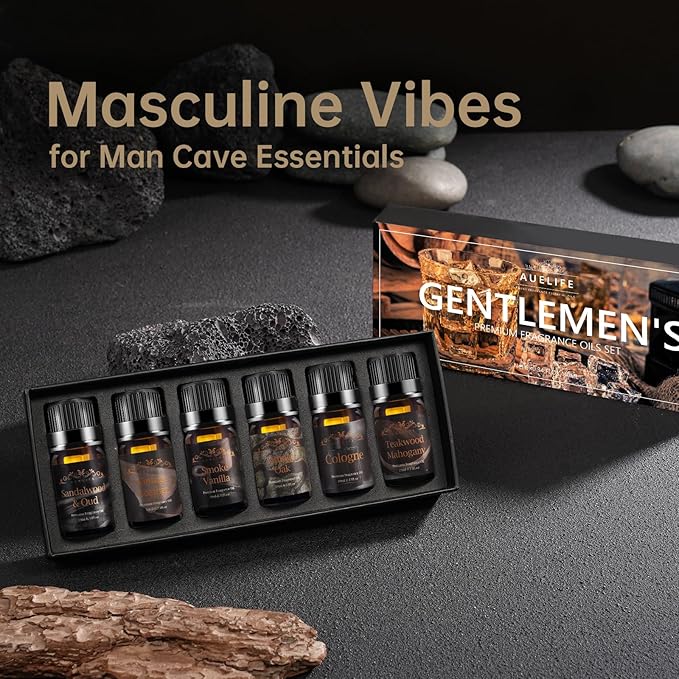 Men Essential Oils Set - 6 Premium Fragrance Oils for Diffusers for Home, Candles & Aromatherapy | Leather, Sandalwood, Cologne, Smoke Vanilla, Oak, Mahogany Scents | Gift Set for Men, Father's Day