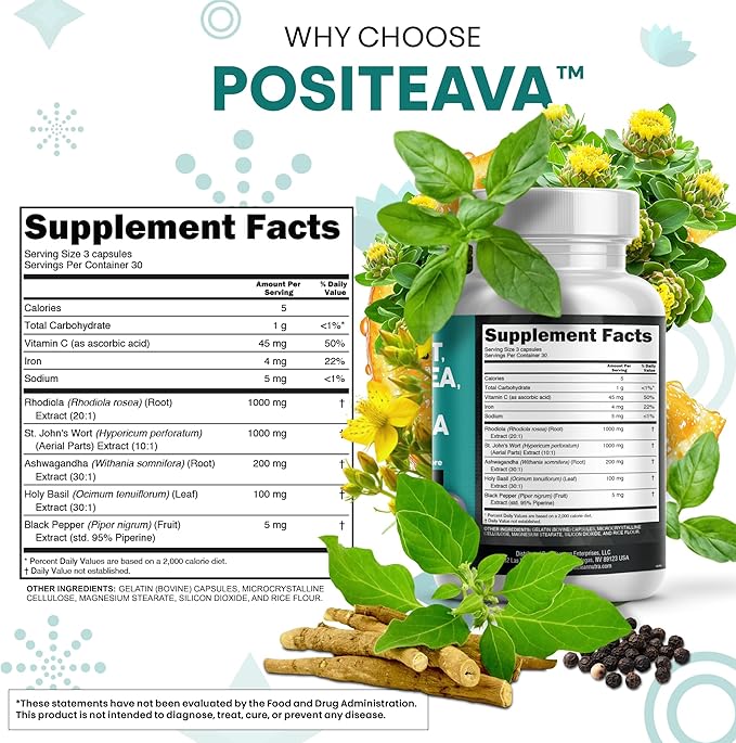 Clean Nutraceuticals St Johns Wort Rhodiola Rosea Holy Basil Ashwagandha - Mood Support for Women and Men with Vitamin C & Black Pepper Extract - 90 Caps