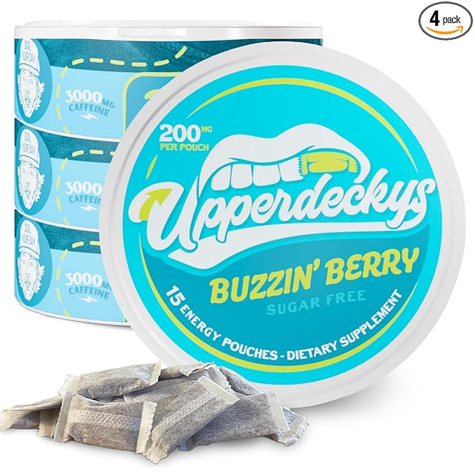 Upperdeckys, Buzzin Berry Caffeine Energy Pouches - Free Replacement and Alternative for Focus and Energy - Sugar Free Nootropic Pouches, Made in the USA and Delicious Flavor (4-Pack, 200mg)