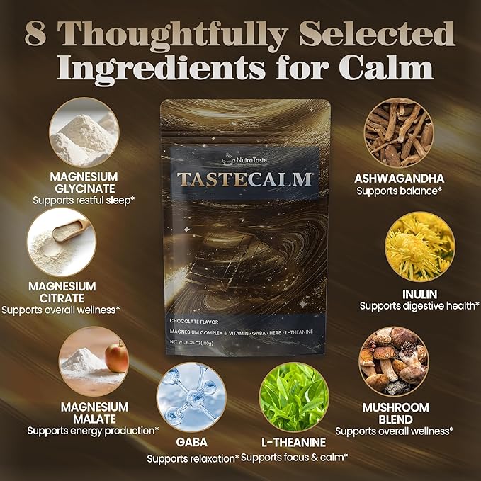 Calm Magnesium Powder, Ashwagandha, L-Theanine, GABA & 6 Mushrooms | Magnesium Glycinate Supplement for Relaxation & Calm Support | Non-GMO, Gluten-Free, Chocolate Flavor, 6.35oz