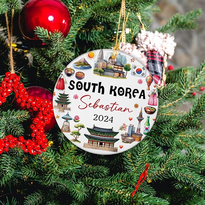 Artistic South Korea Landmarks and Heritage Christmas Keepsake Decor, Personalized Cultural Korean Ceramic Ornament Xmas 2025, Custom Name South Korea City Travel Souvenir Christmas Ceramic Ornament