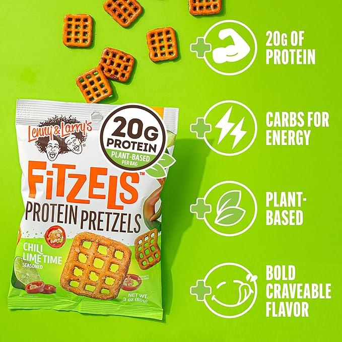 Lenny & Larry's FITZELS Protein Pretzels (Chilli Lime Time) 8 Individual Bags 3 oz Each – High Protein Snacks with 20g of Plant Based Protein – Healthy Vegan Pretzels – Delicious Salty Taste