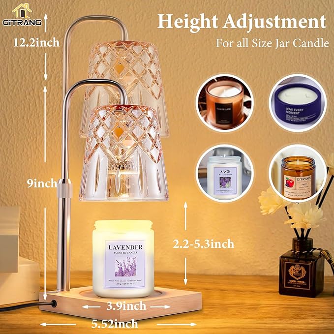 Candle Warming Lamp with Timer Dimmer, Adjustable Height Electric Wax Melt Warmer for Jar Candles with 3 Bulbs, Mother's Day Women's Home Decor Gift, Square Base with Champagne Color Pole