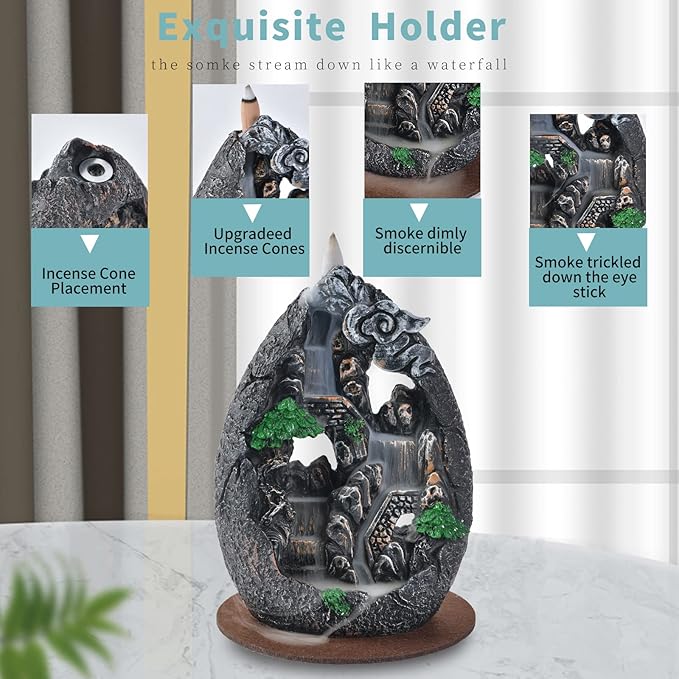 Backflow Incense Holder Resin Mountain Incense Burner Fountain Waterfall Incense Holders Home Decor with 120 Pcs Backflow Incense Cones 30 Pcs Incense Sticks (Creek)
