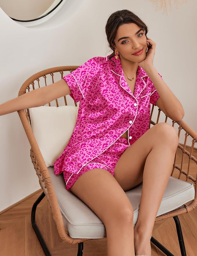 Ekouaer Silk Pajamas for Women Short Sleeve Sleepwear Soft Button Down Loungewear 2 Piece Satin Pjs Shorts Set S-XXL