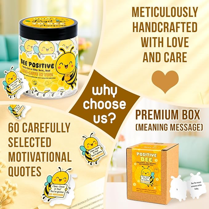 Emotional Support Bee – Bee Gifts For Bee Lovers, Women, Friend - 60 Positive Bee Daily Affirmation Cards Jar – Inspirational Gifts for Women - Self Care Gift for Coworkers, Teens, Friends, Boss