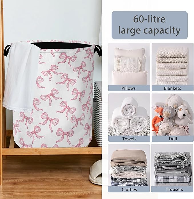 Cute Pink Bow Laundry Basket,Foldable Oxford Cloth Tote Bag Laundry Hamper Clothes Storage Bucket Organizer for Bedroom Laundry Storage Dormitories 16" x 20.8"