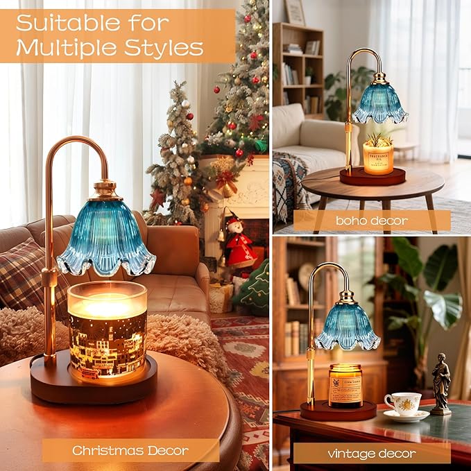 Candle Warmer Lamp with Timer Dimmable: Birthday Gifts for Women & Home Bedroom Decor, House Warming Gifts New Home– Wax Warmer Gifts for Mom - Adjustable Height,3 Timing Mode, 4 Level Dimming (Blue)