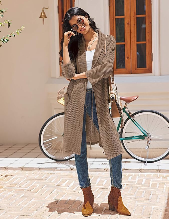 Ekouaer Robes for Women Waffle Knit Bathrobe Lightweight Kimono Robe Knee Length Loungewear with Pockets