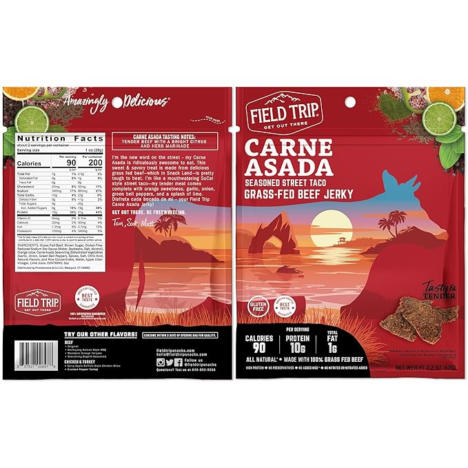 Field Trip Grass Fed Beef Jerky, Healthy Gluten Free Snacks, All Natural, High Protein, Low Carb Snack with No Nitrates, 2.2oz, 4 Pack, Carne Asada