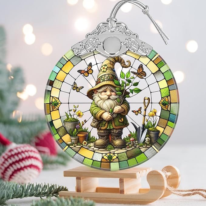 Charming Gnome Stained Glass Orament - Christmas Ornament - Christmas Decorations for Tree - Holiday Present ldeas - Gift Exchange