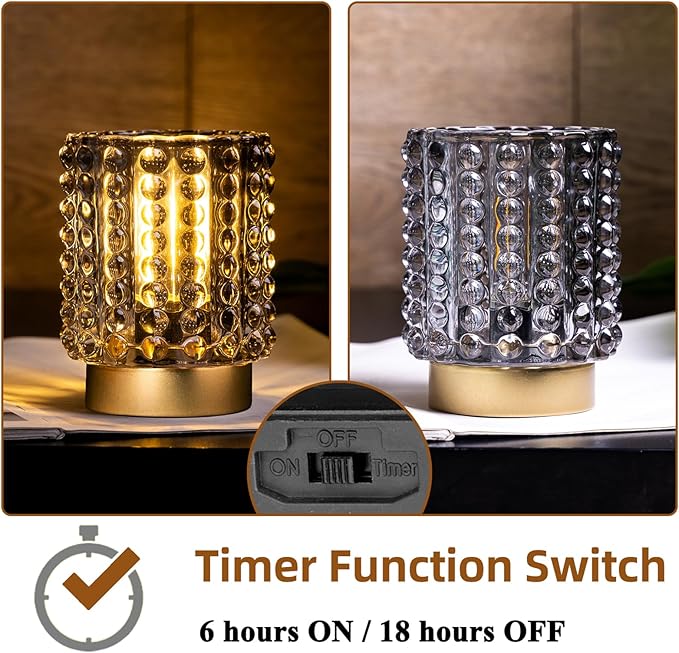 Battery Operated Lamp with Timer, Mini Crystal Table Lamps for Home Decor, Small Cordless Lamp for Areas No Outlets, Glass Battery Powered Lamps for Entryway, Bedroom, Bathroom, Shelf, Corner(Gray)