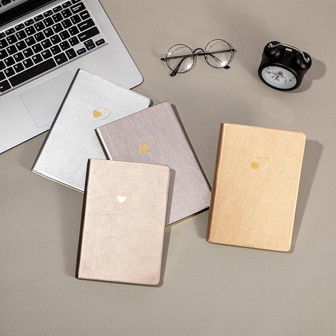 CAGIE 4 Pack Lined Journal Notebook for Women and Girls 256 Pages Cute Diary with Heart-Shaped Leather Journals for Writing A5 Soft Cover Notebooks for Work School, Silver