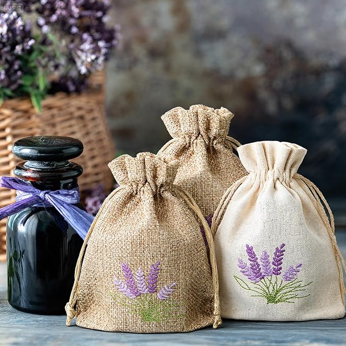 12 Pcs Lavender Sachet Bags, Empty Linen Gift Bags with Drawstring Lavender Canvas Pouch for Spice Jewellery DIY Craft Wedding Party