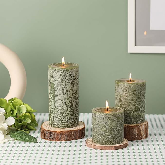 3x6 Inch Moss Green Pillar Candles - Set of 3, Long Clean Burning, Smokeless Dripless Candles for Spring Home Decor, Dinner Table, Bathroom, Rustic Decor