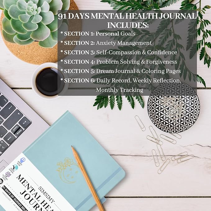 Mental Health Journal, 91-Day Self Care Journal for Women Men, Guided Anxiety & Stress Relief Journal with Mood Tracker, Cognitive Behavioral Therapy Journaling with Mental Health Coloring Pages & Dream Log