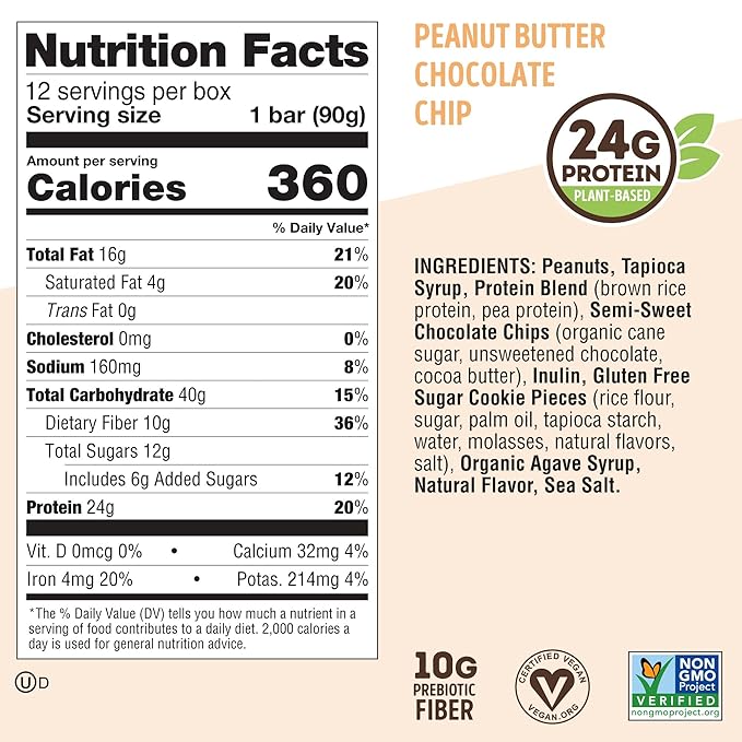 Lenny & Larry's Cookie-fied BIG BAR – Peanut Butter Chocolate Chip Vegan Protein Bars 12x90g – Healthy Snacks, 24g Plant Protein & 10g Prebiotic Fiber – Gluten free Power Bar, Keto Friendly & Vegan