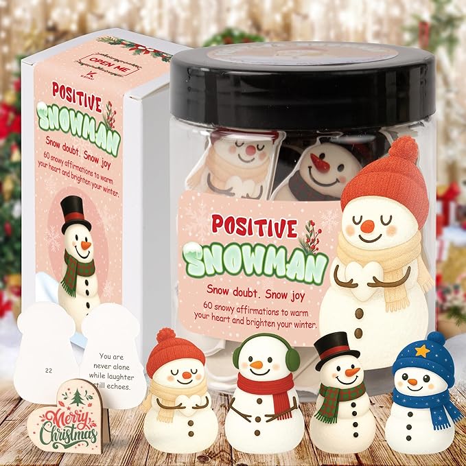 Positive Christmas Snowman Jar, 60 Snowy Affirmation Cards, Cute Christmas Gifts for Women, Teens & Coworkers, Friendship Stocking Stuffers, White Elephant Holiday Gift Idea