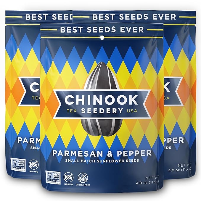 Chinook Seedery Roasted Sunflower Seeds - Jumbo Seeds Keto Snacks - Best For Snack Packs - Gluten Free, Non GMO Snack Food Gifts - 4 Ounce (Pack of 3) - Parmesan & Pepper Flavor Pack