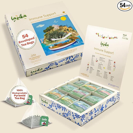 Lazika Herbal Tea Variety Pack with Lovely Presentation Box, 54 Counts, Immune Support Tea Assortment Gift Set, Premium Collection with Pyramid Infuser Bag, Handcrafted