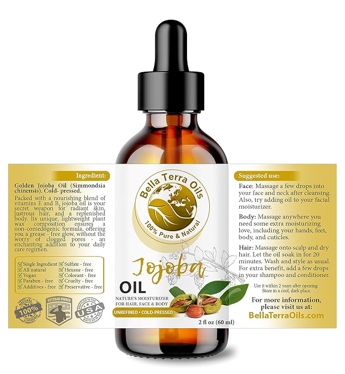 Bella Terra Oils - Organic Jojoba Oil 2oz - Capturing the Essence of Pure Organic Jojoba, Bursting with Silicon & Palmitic Acid, Elevate Your Face Oil Experience