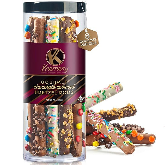 KREMERY Creamy Chocolate Cravings - Diwali Sweets Hamper Chocolate Covered Pretzel Rods Gift Basket, in Clear Tube (8 Pretzels, Assorted Sweet Toppings) Food Arrangement