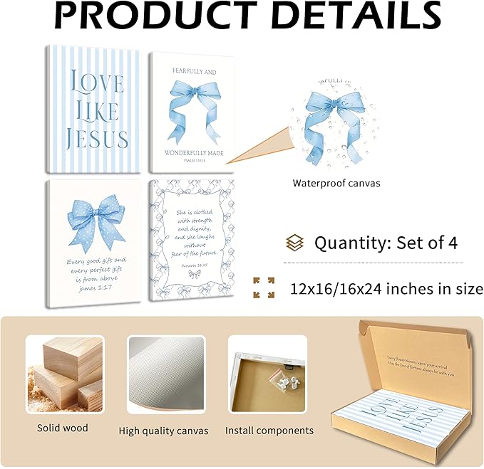 Light Blue Bow Christian Wall Art for Girls Dorm – Coquette Aesthetic Scripture Canvas Prints, Christian Wall Decor for Teen Room, or Bathroom – Framed Cute Spiritual Decor 12x16 inch