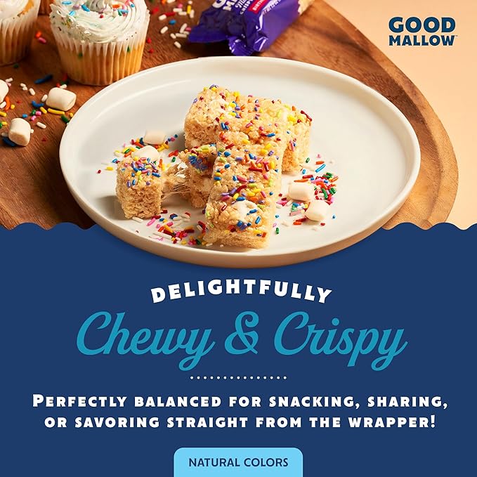 GoodMallow Vegan Rice Crispy Treats Individually Wrapped Box of 8, Kosher Vegan Snacks, Gluten Free Dairy Free Snacks for Kids & Adults - Healthy Sweets Made with Gourmet Marshmallows (Birthday Cake)