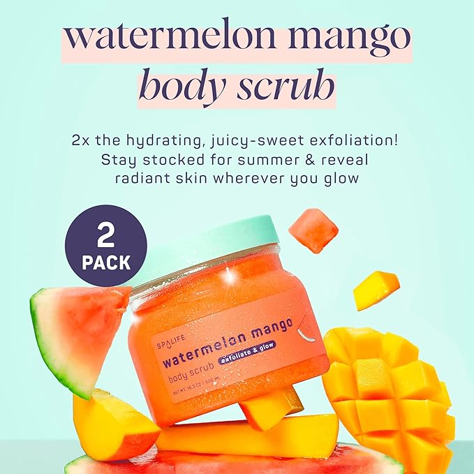 SpaLife Beauty Watermelon Mango Exfoliating Body Scrub 2 Pack – Sugar Scrub Glowing & Moisturized Skin – Fruit Extracts Natural Sugar Base – Watermelon & Mango Summer Scents – Safe for Sensitive Skin