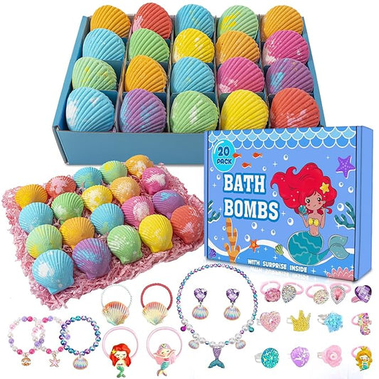 20 Pack Mermaid Bath Bombs for Girls Kids with Surprise Inside Mermaid Gifts for Girls Birthday Gifts Easter Christmas Princess Jewelry Natural Organic Bubble Shell Bath Bomb Set