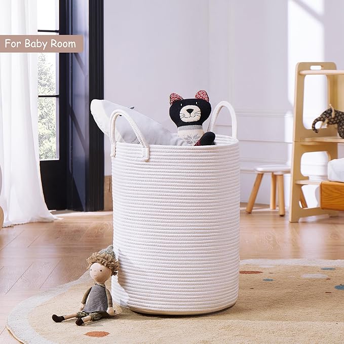 60L Pure White Woven Hamper Laundry Basket Cotton Rope Blanket Basket for Living Room 20 inches Tall Clothes Hamper for Baby Nursery Kids in Bedroom