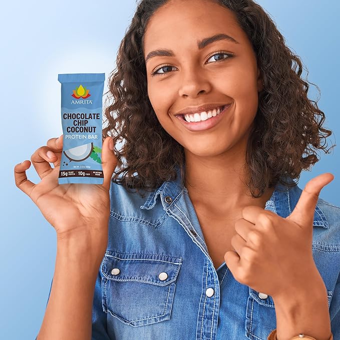 Amrita Nut Free Chocolate Chip Coconut Vegan Protein Bars (12 Count) | 12g Plant-Based Protein Bar | Peanut Free, Gluten Free, and Dairy Free | Low Sugar, High Fiber, Healthy School-Safe Snacks