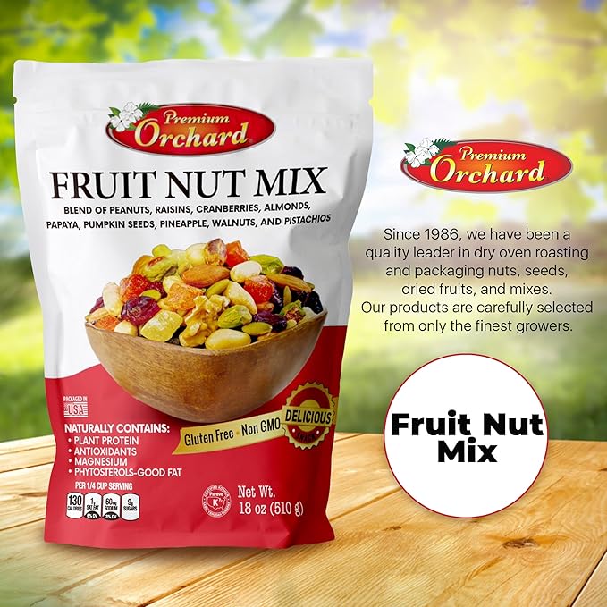 FRUIT NUT MIX TRAIL MIX by PREMIUM ORCHARD - Gourmet Trail Mix Bulk Blend of Mixed Nuts & Dried Fruit - Healthy Vegan Snacks, Snack Nut Mix, Plant Protein Source, Non-GMO, Natural - 18oz