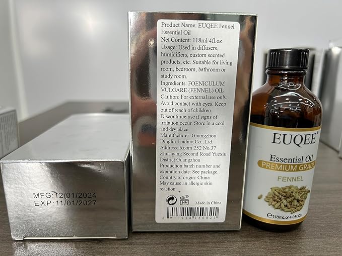 EUQEE Fennel Essential Oil 4Fl.Oz Pure Fennel Oil with Glass Dropper for Skin, Aromatherapy, Diffuser, Soap Making, Candle Making - 118ml